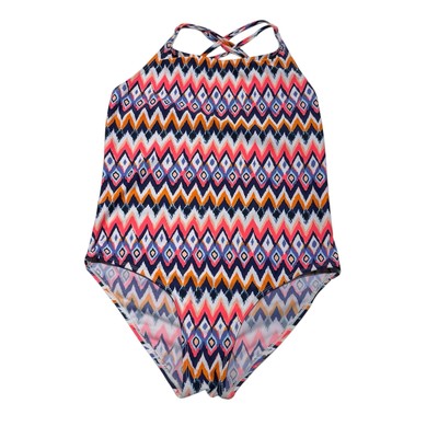 Primark Girls Orange White Pink Geometric Chevron Print Racerback Swimsuit 11/12