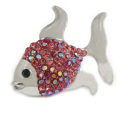 Kleine rosa Kristall Fisch Brosche aus silberfarbenem Metall - 35 mm quer