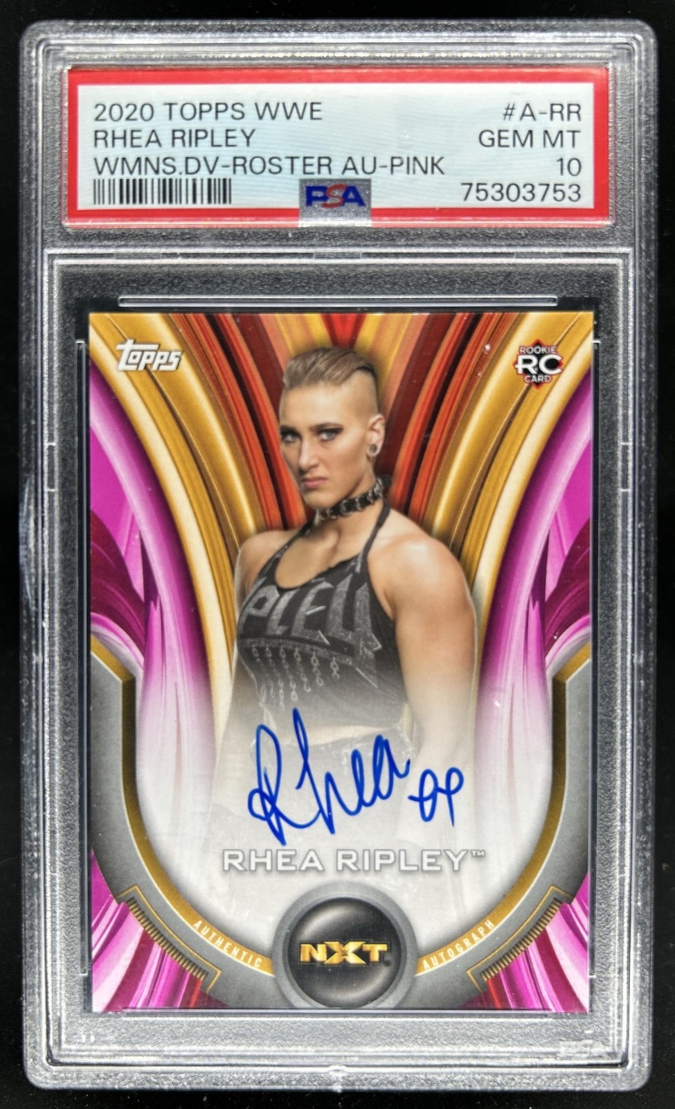 2020 Topps WWE Women's Division Rhea Ripley Roster Auto Pink #/150 PSA 10 view 1