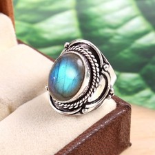 925 Sterling Silver Blue Fire Labradorite Gemstone Jewelry Ring US All Size