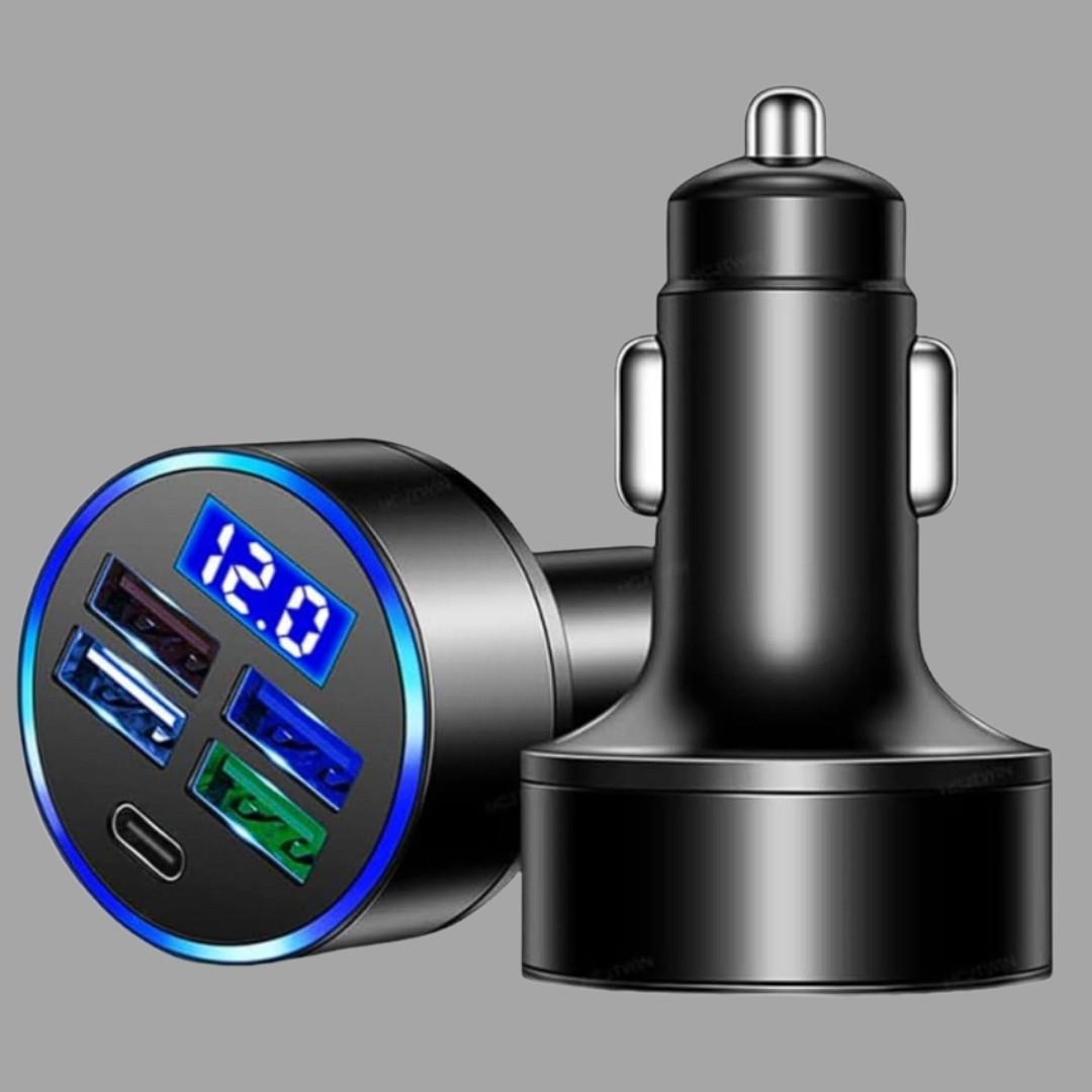 5-Port Car Charger USB Type-C Fast Charger LEDVoltage Display for iPhone,Samsung