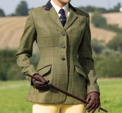 EQUETECH Gr. 42 Damen UK 18. Deluxe GREEN TWEED Show Jacke mit rot - marine kariert