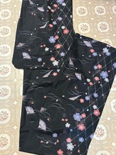 Kimono Washable Summer Kimono Black with Sakura Fan Motif Lightweight Sheer