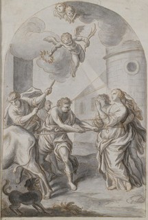 17th CENTURY ITALIAN OLD MASTER INK DRAWING THE MARTYRDOM OF SAINT THECLA