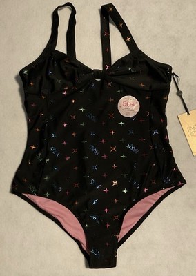 Paris Hilton Girls Size 14/16 Black One Piece Swimsuit Stars Pink Lining UPF 50+