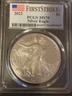 2022 $1 AMERICAN SILVER EAGLE PCGS MS70 FLAG FIRST STRIKE LABEL