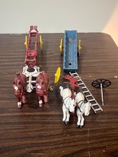 Vintage Lot of 2 Cast Iron Two Horse-Drawn Fire Ladder Wagon Collectible AS IS