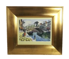 Venice Canal Rialto Bridge Signed Watercolor Painting Gold Frame Vintage 1964
