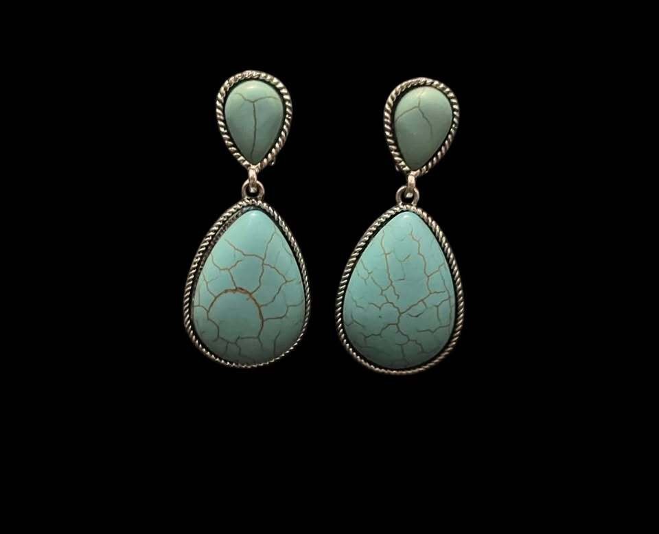 Turquoise Teardrop Dangle Clip On Earrings