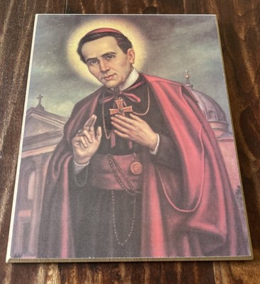Vintage Saint John Neumann Catholic Wall Plaque; Litho On Wood Board 7 x9 
