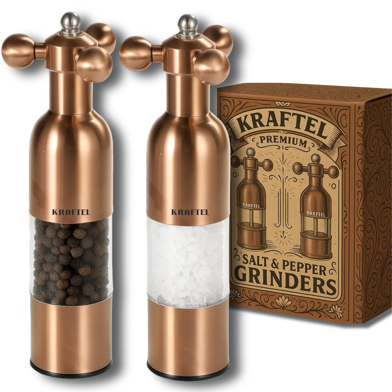 KRAFTEL Premium 8" Salt and Pepper Grinder 2PK. Large Peppermill - Refillable, A