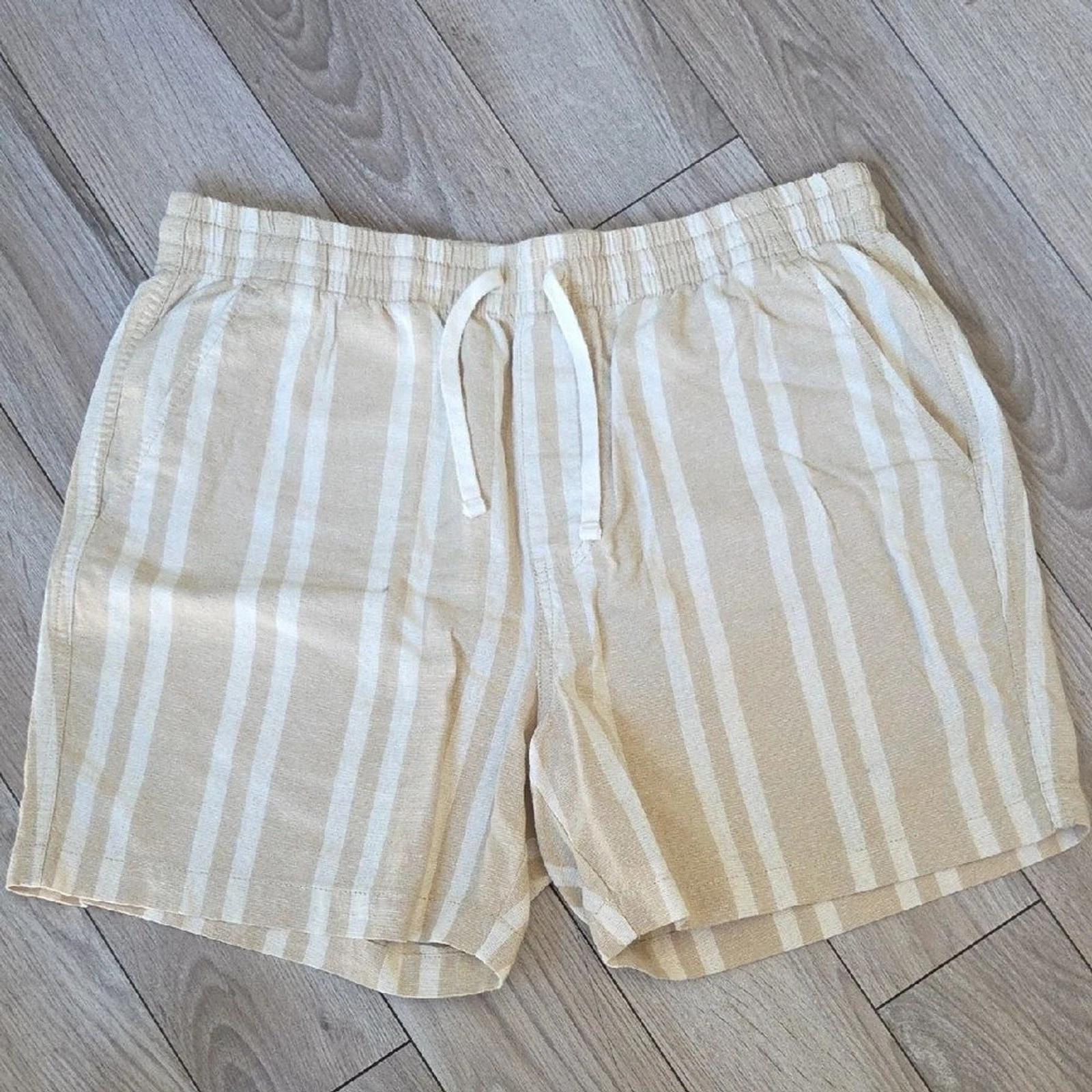 J. Crew Beige and White Stripe Drawstring Linen Shorts Large
