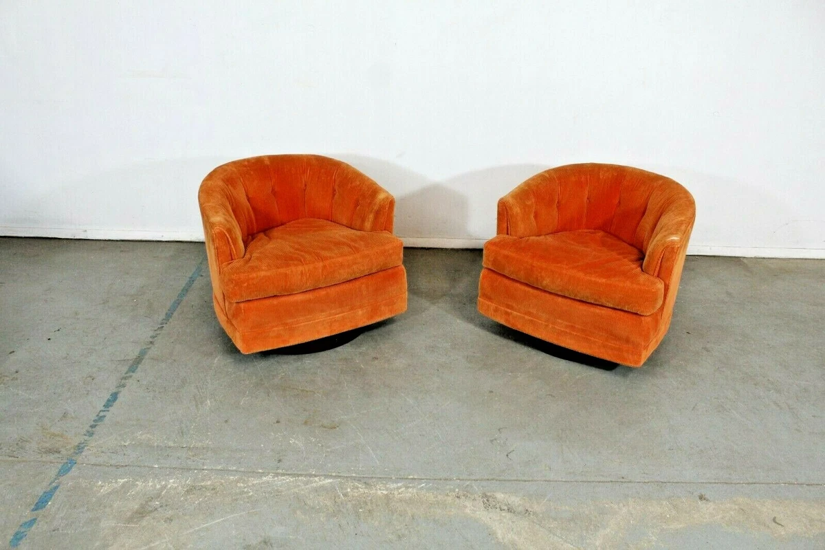 Pair of Mid Century Modern Barrel Back Milo Baughman Swivel Club Chairs
