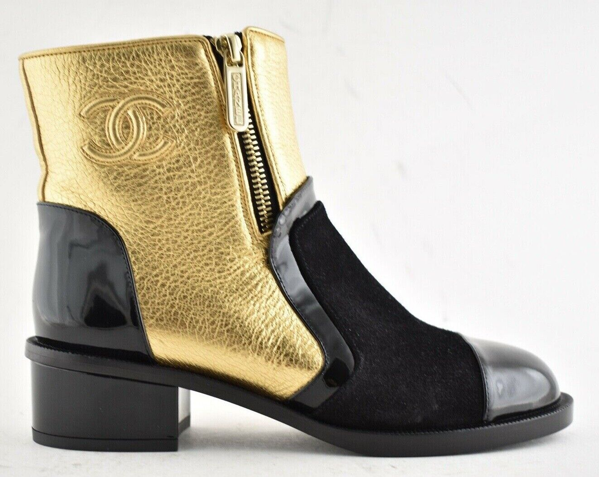 Chanel 18B Gold Black Patent Suede CC Logo Zipper Zip Short Ankle