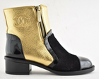 Chanel 18B Gold Black Patent Suede CC Logo Zipper Zip Short Ankle Bootie Boot 35