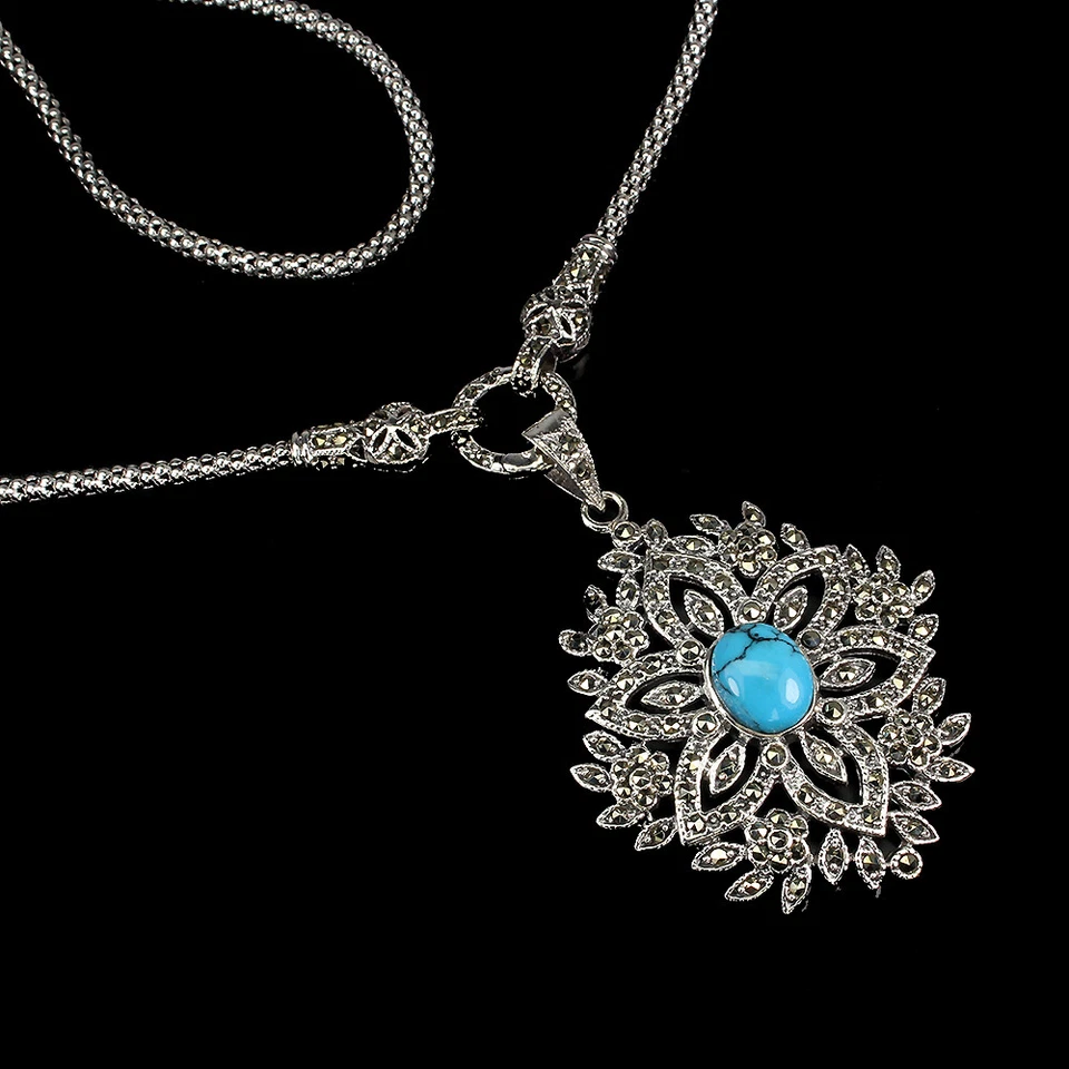 Collar de plata de ley 925 con piedras preciosas de marcasita estalibizadas turquesa ovalada Foto 2 de 4