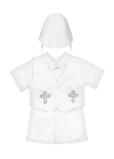 BABY BOY WHITE CHRISTENING BAPTISM FORMAL SUIT SET SHORT SLEEVE BOWTIE HAT AA001