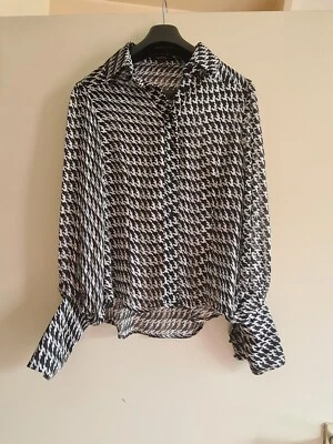 Chemisier femme Usha noir blanc avec fil doré transparent avec boutons taille L - Photo 1/4