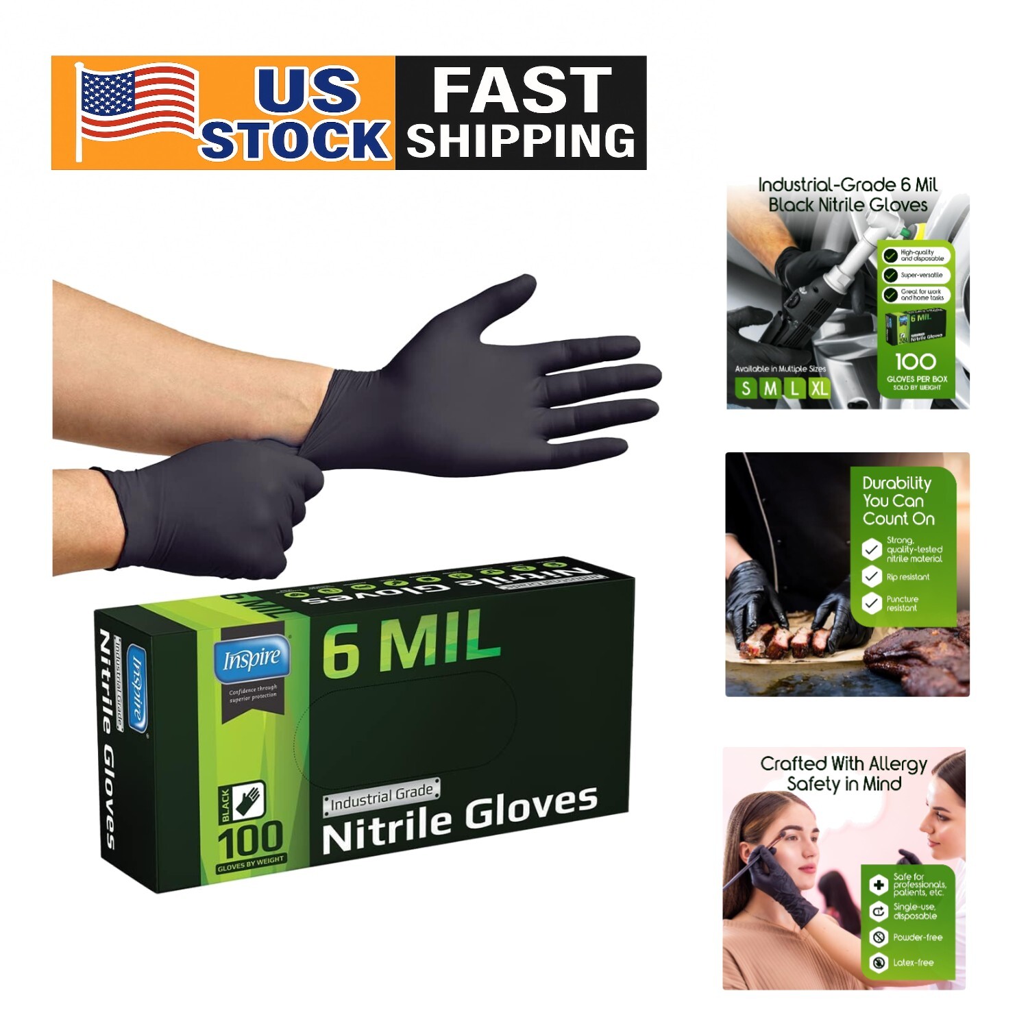 Black Nitrile Gloves 6 Mil Thick Exam Grade Durable Puncture Resistant Latex Free