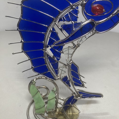 Stained Glass Type Wire Fish Figure Votive Figurine Marlin Tuna Glass Dish 8.5” - Picture 3 of 6