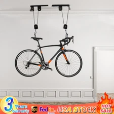 Heavy Duty Bike Hoist Pulley Lift Garage Ceiling Storage Rack W/ Storage Hook