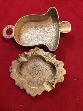 Two Pieces Vintage Solid Brass Etched Ash Trays Made in India