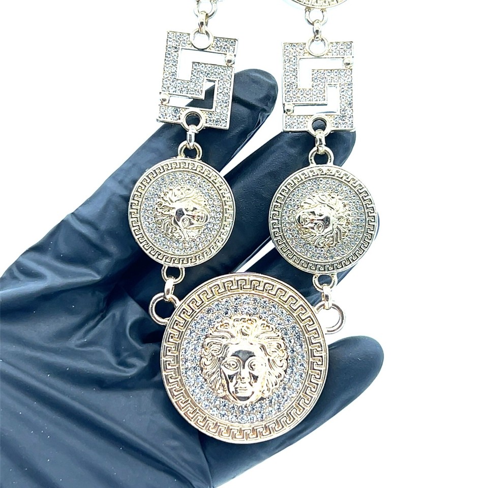 32” Medusa Greek Key Chain 14K Gold Plated – 192g Iced Versace-Style ...