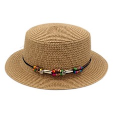 Summer Flat Boater Hat Pork Pie Sailor Bowler Beach Sun Cap Wood Beading Belt