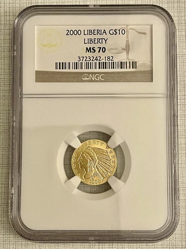 Liberia 2000 Liberty $10 1/10 oz Gold NGC MS70 Sku# 4459
