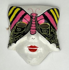 Vintage Hand-Crafted Paper Mache' Mask White with Colorful Butterfly Design