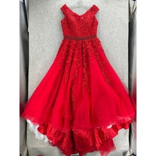 Sherri Hill Red Lace Beaded Tulle High Low Ball Gown Pageant Prom Dress Size 12