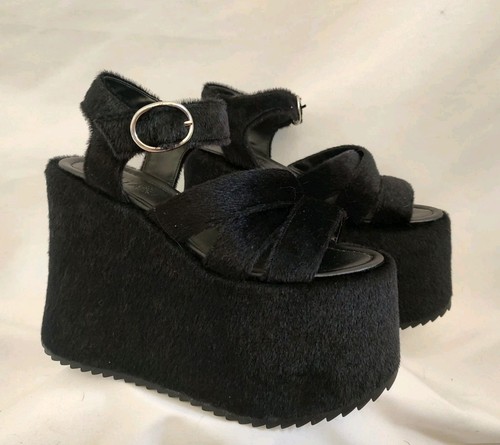 90's Vintage Delia's Platform Sandals Faux Fur She Walks on Me Black Fuzzy Sz 6