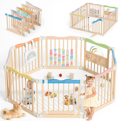 Foldable Wooden Playpen - Adjustable Wood Baby Play Yard with Child-Proof Lock,