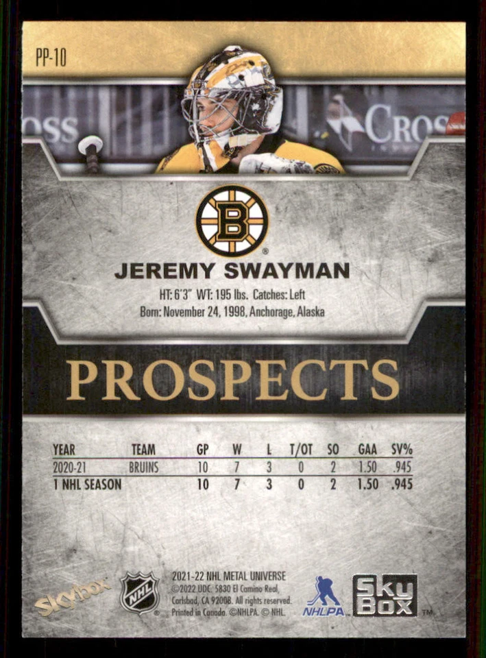 2021-22 Metal Universe Skybox Premium Prospects #PP10 Jeremy Swayman - Image 2 of 2