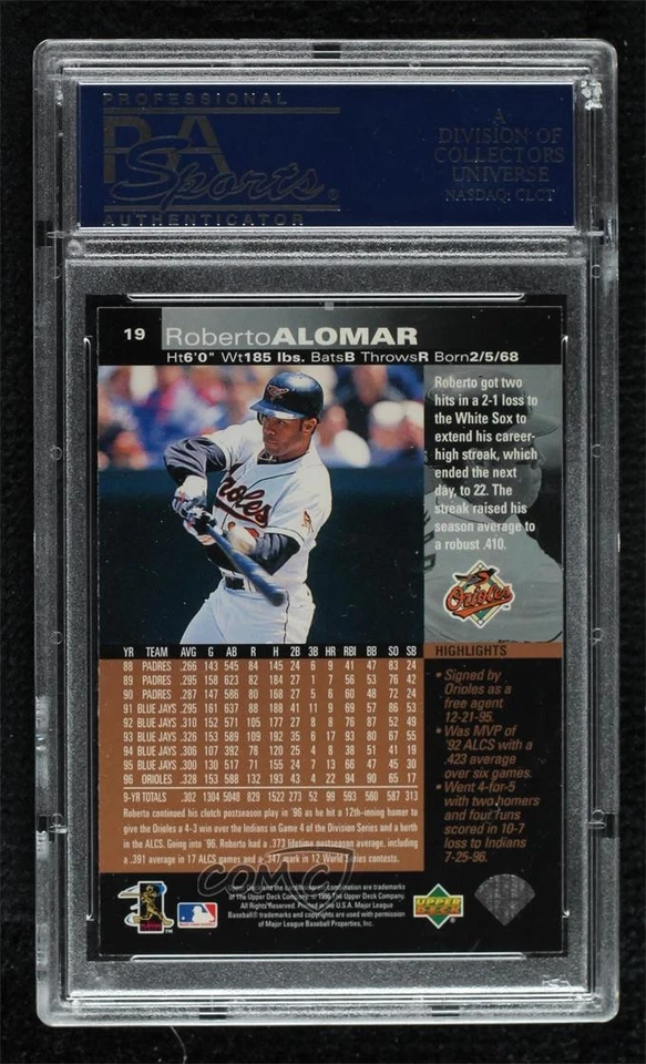 1997 Upper Deck Roberto Alomar #19 PSA 10 GEM MT HOF - Image 2 of 2