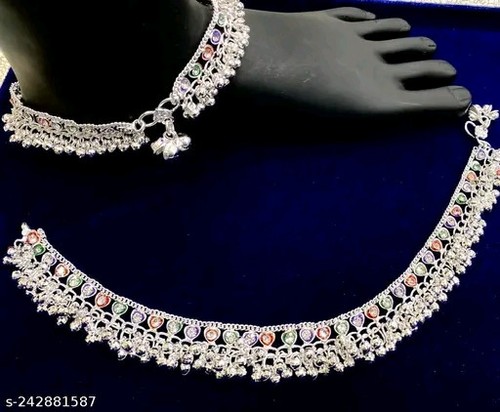 Artificial Multi Kundan Silver Foot Payal Traditional Wear Women Heavy Pazab - Picture 2 of 4