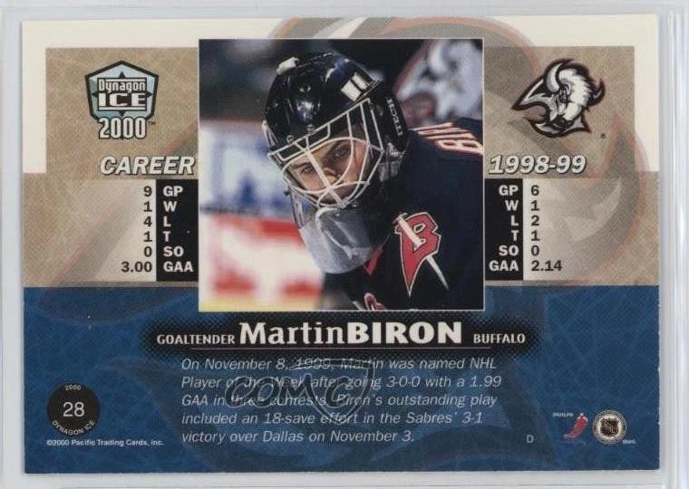 1999-00 Pacific Dynagon Ice Copper /99 Martin Biron #28 - Image 2 of 2