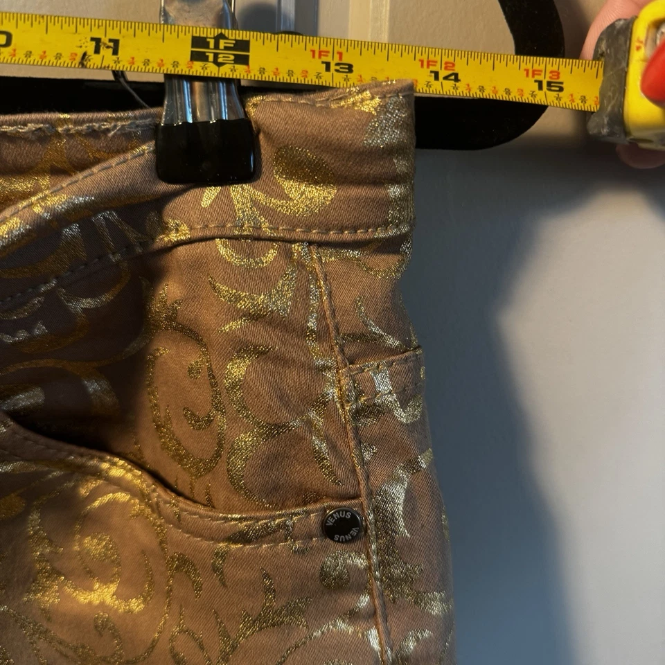 女士的金属金色锦缎紧身裤闪亮箔花卉图案正装牛仔裤 — 第 4/4 张图片