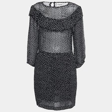 Ganni Black Polka Dotted Crepe Belleville Short Dress L