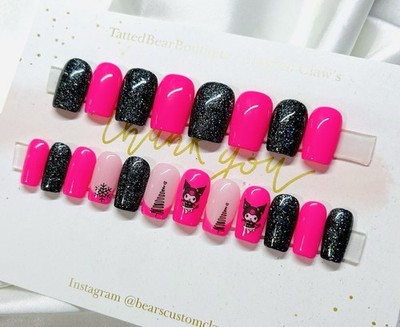 Heiß rosa und schwarz Glitzer San Rio Hello Kitty keine Größe erforderlich Druck auf Nägel