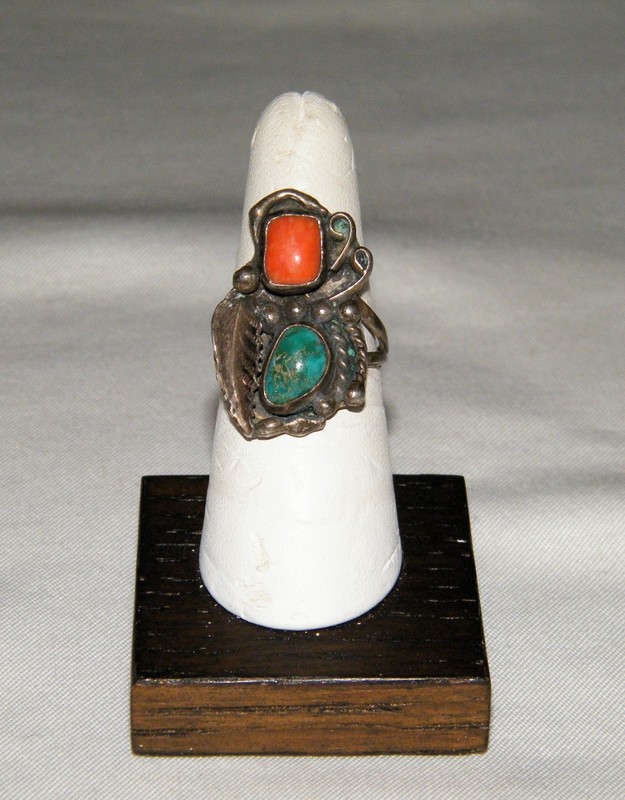 Hand Signed "JHQ" STERLING SILVER CORAL TURQUOISE RING Native American~Quintana?