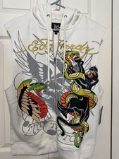 Ed Hardy Panther Snake Sleeveless Ivory Hoodie Vest Size Medium NWT.