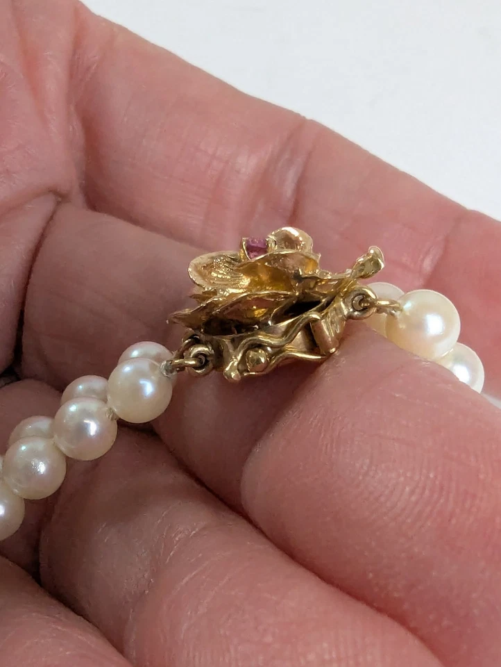 Vtg 14K Gold Double Strand 5mm Akoya Pearl Bracelet 14k Ruby Floral Clasp 7" - Image 4 of 4