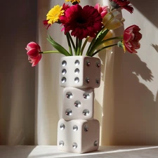 White & Silver Triple Dice Vase, Maximalist Decor Ceramic Flower Vase, Retro Hom