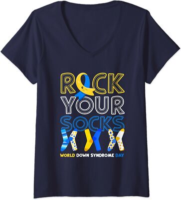 World Down Syndrome Day Rock Your Socks Awareness Ladies' V-Neck Tshirt