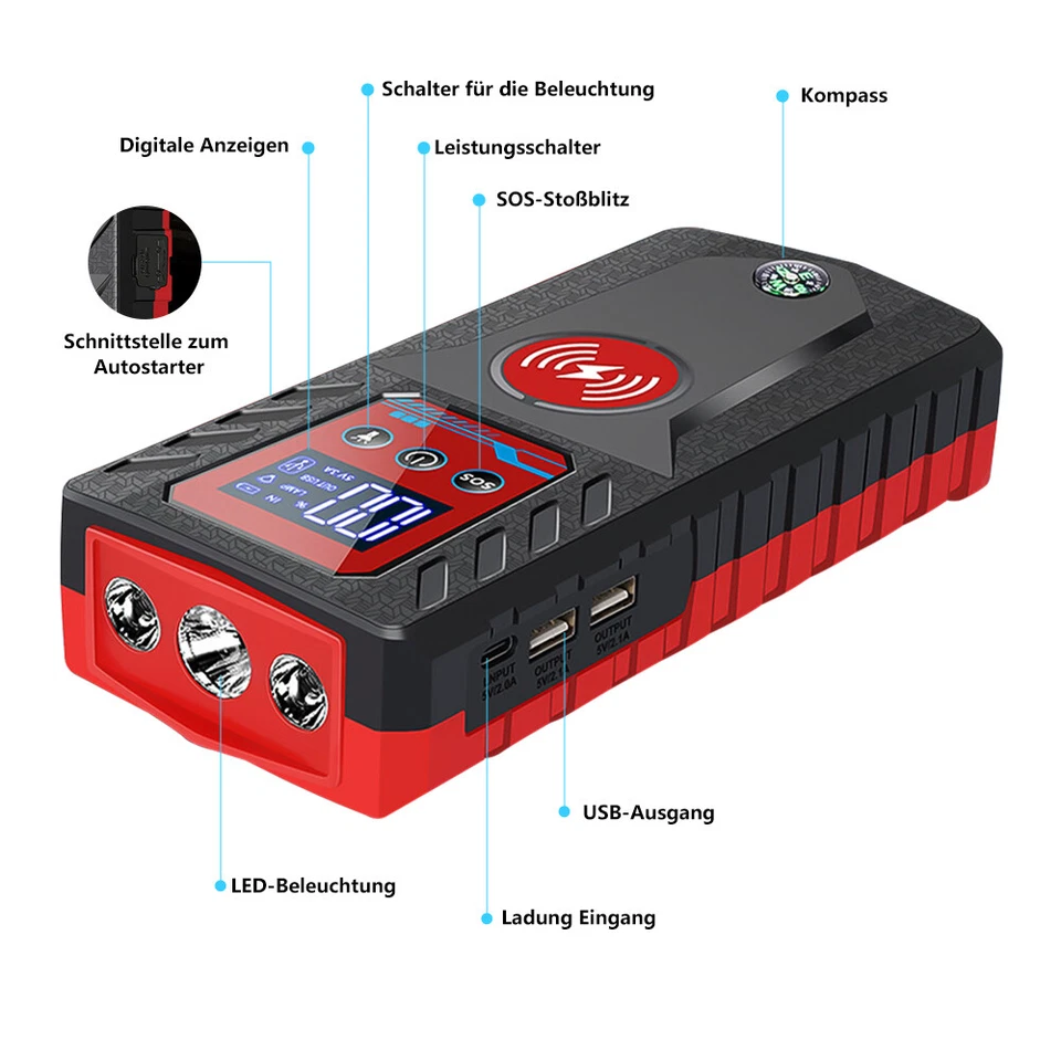 229800mA Avviamento Auto Jump Starter Caricabatterie Booster Powerbank 8000A 12V - Immagine 2 di 4