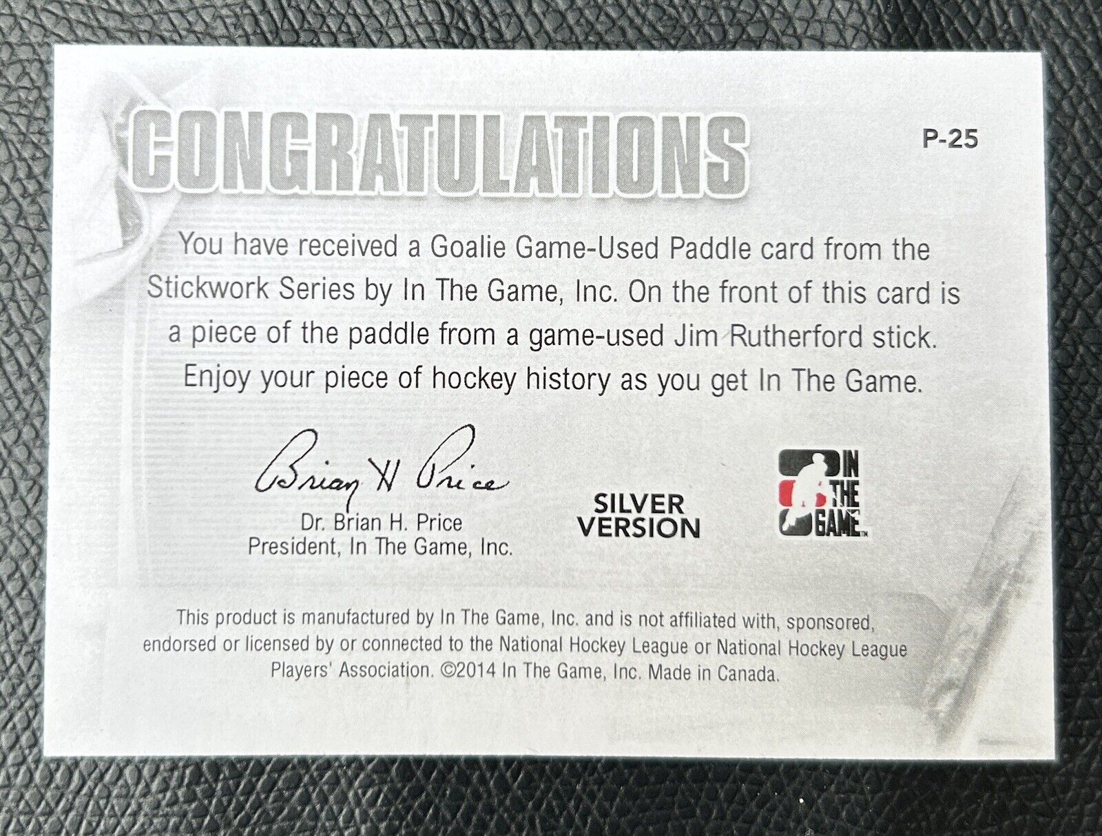 2013-14 In The Game ITG Stickwork Game-Used Paddle Silver /14 Jim Rutherford