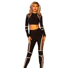 Long Sleeve White/Black Mesh Crop Sportswear Set Size Medium