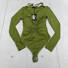 Pretty Little Thing Olive Slinky Long Sleeve Lace Up Tie Bodysuit Women s 4 New