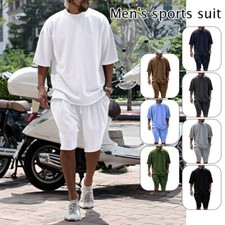 Men Loose Pure Solid Sports Short Sleeve T Shirt Shorts Set Outfit Sportswear